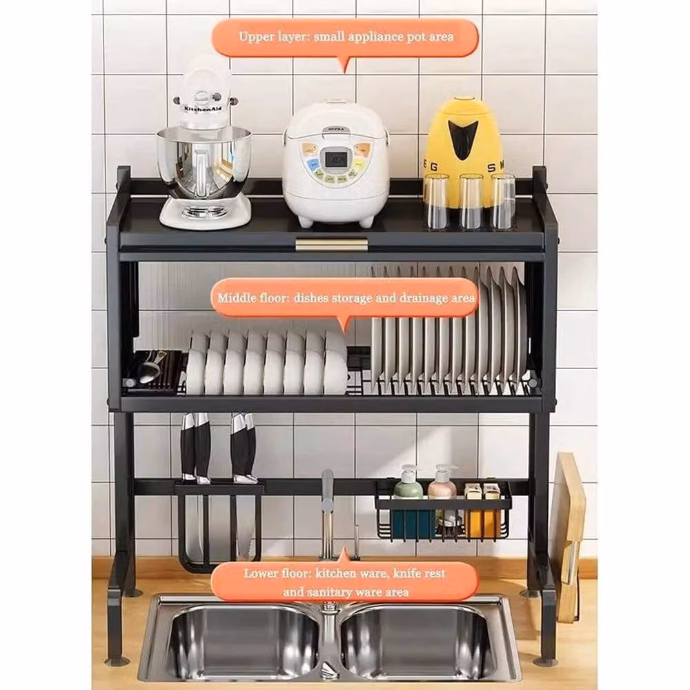 KORVIXA Extra Wide 3 Tier Over Sink Dish Drying Rack in Black, W/D/H: 100 x 100 x 80 cm – 4