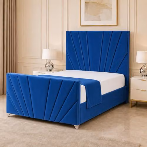 Living Comfort Bedz Sunrise Lined Panel Bed in Blue Plush Velvet with Solid Wooden Slats, Super King Size (200 x 200 cm)