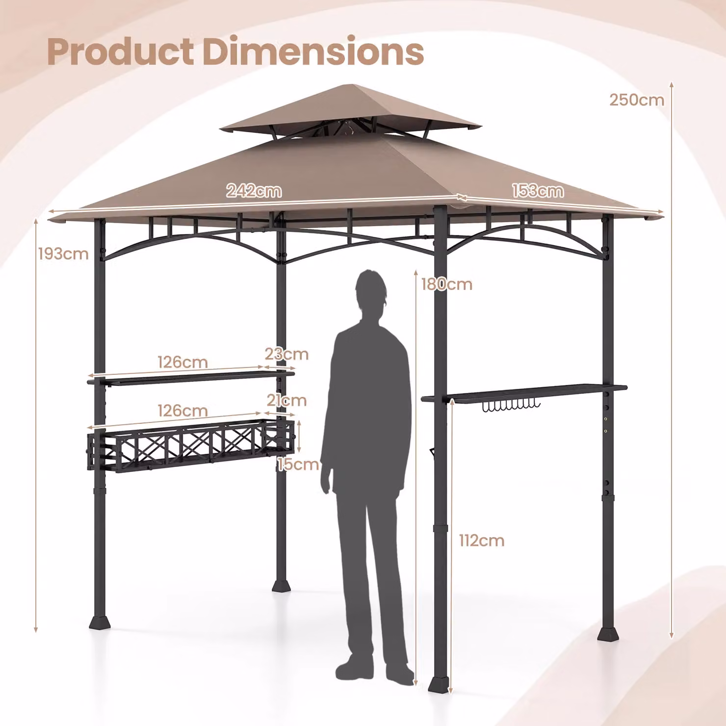 Gymax Outdoor BBQ Canopy Tent Gazebo with 2 Side Shelves, Brown, W: 242 cm, D: 153 cm, H: 250 cm – 3