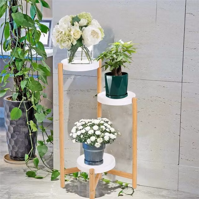 KORVIXA 3 Tier Round Indoor Corner Bamboo Plant Stand with Planter in Natural Beige, Height: 80 cm, Width: 80 cm, Depth: 80 cm
