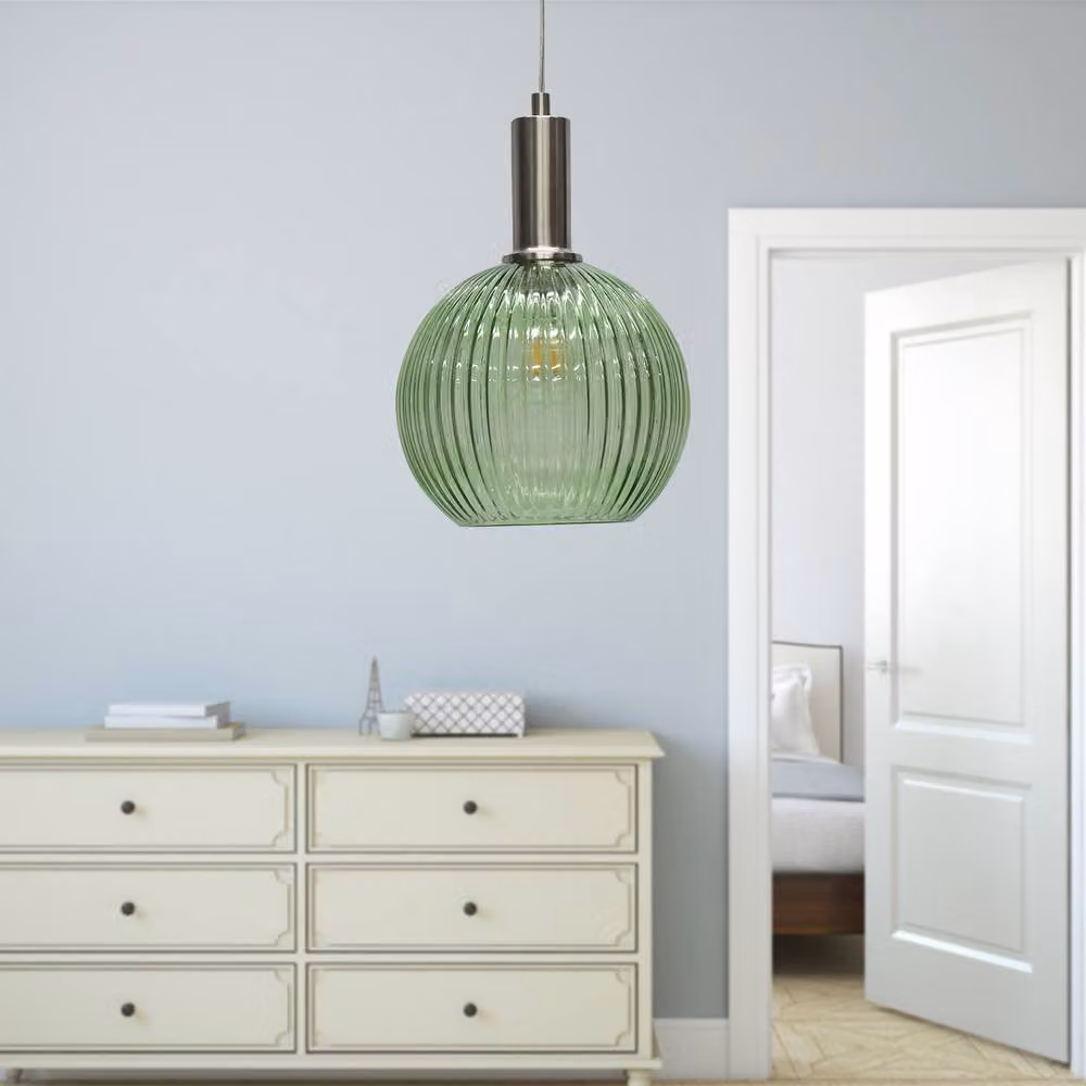 First Choice Lighting Betchley Set of 2 Green Ribbed Glass Globe Deco Pendants with Satin Nickel Finish – 3