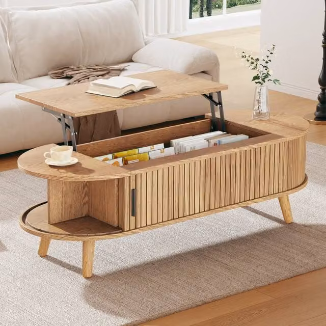 BTM Oval Lift-Top Coffee Table in Brown Wood, W: 120 cm, H: 39.5 cm, D: 50 cm – 1