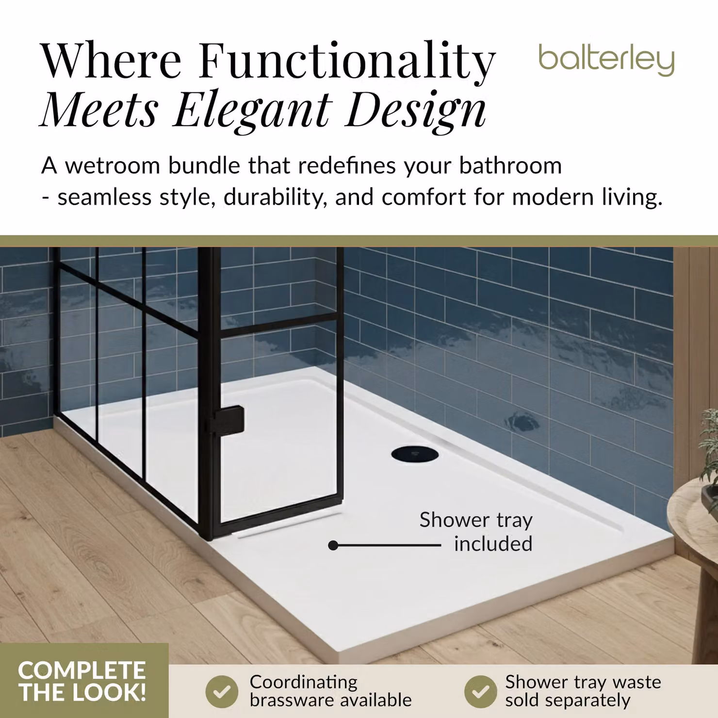 Balterley 8mm Glass Walk-In Wetroom Screen and Return with Tray, Black Framed, W: 140 cm, D: 70 cm – 6