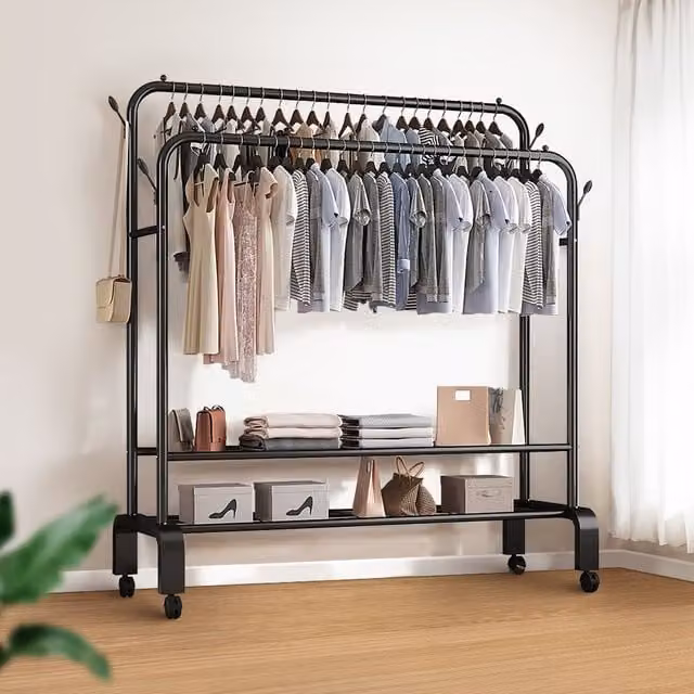 Living and Home Matt Black Metal 2-Rod Clothes Rail with Wheels