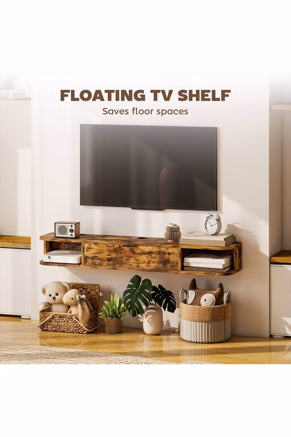 ERGOVEXA Rustic Brown Wall Mounted Floating TV Unit with Media Compartments, W: 120 cm, D: 24 cm, H: 16 cm – 2