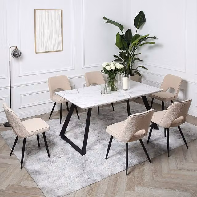 Home Garden Direct Venice Dining Set with Marble-Effect Rectangular Table and 6 Beige Chairs