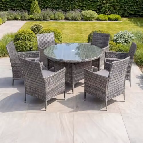 Charles Bentley 6 Piece Rattan Garden Dining Set in Grey with Cushions and Glass Top, W/D/H: 130 x 130 x 74 cm