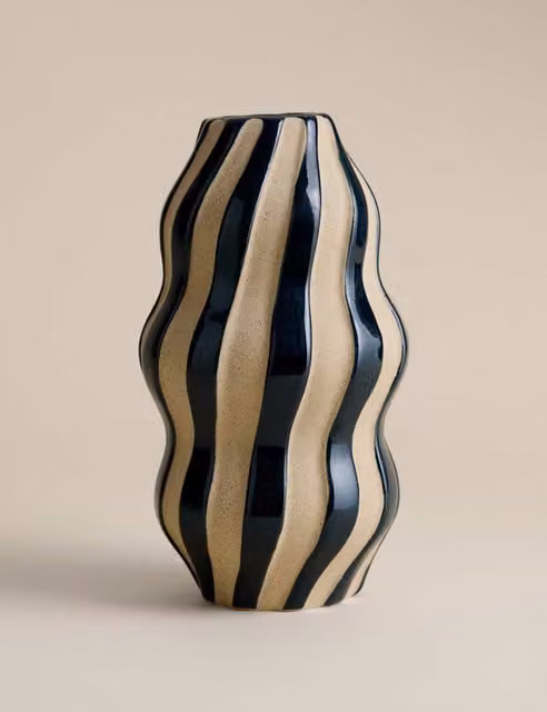 M&S Large Striped Blue Ceramic Tabletop Vase
