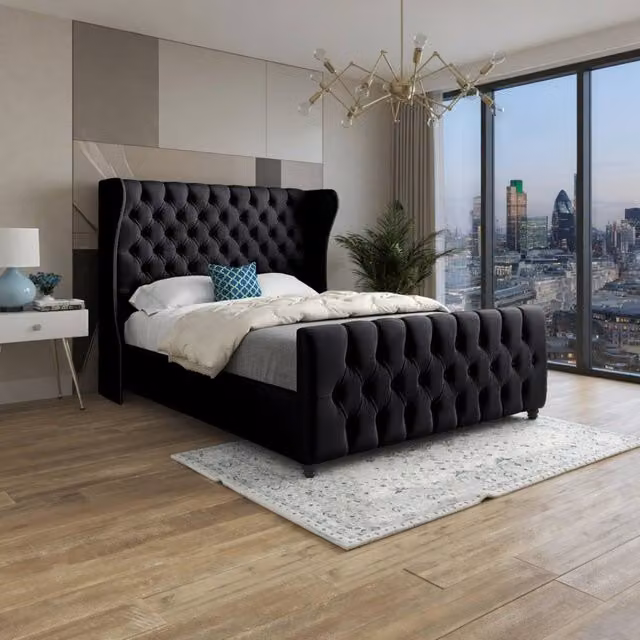 Casani Horning Super King Upholstered Velvet Designer Bed Frame in Black, W/D/H: 200 x 137 x 189 cm – 1