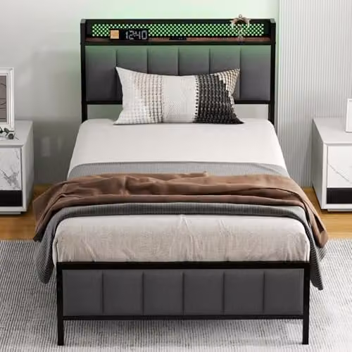 Levede Grey Upholstered Single Bed Frame with USB Charging Port, Bedside Shelf and Side Compartments, W/D/H: 90 x 190 x 86 cm