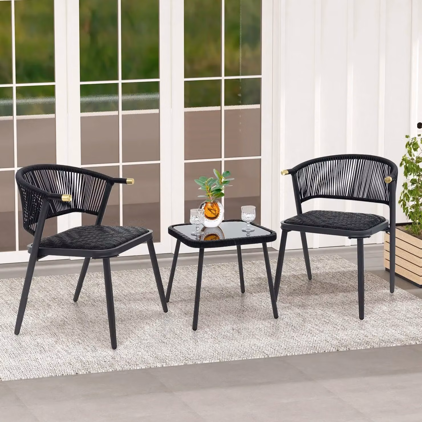 Costway 3 Piece Outdoor Wicker Furniture Set with Rattan Armchairs and Tempered Glass Coffee Table in Black – 2