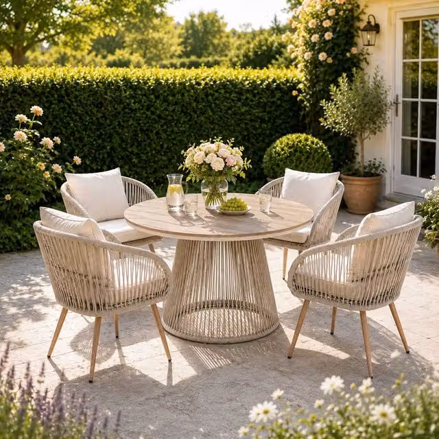 Direct Wicker Grey Woven Rattan and Metal Round Dining Table Set with Four Chairs for Garden, Balcony or Terrace