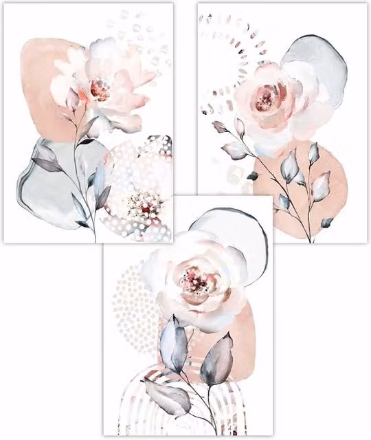 ARTZE Set of 3 Abstract Botanical Floral Paper Posters in Pink, Blue and Grey, W: 50 cm, H: 70 cm