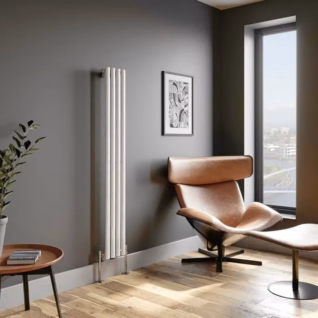Temprazo Vertical Oval Tube Single Panel Designer Radiator in White, H: 180 cm, W: 48 cm, D: 24 cm