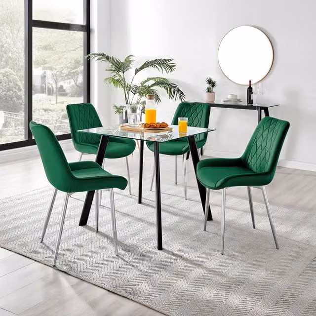 FurnitureboxUK Seattle Square Glass Dining Table with Black Legs and 4 Pesaro Silver Chairs in Green