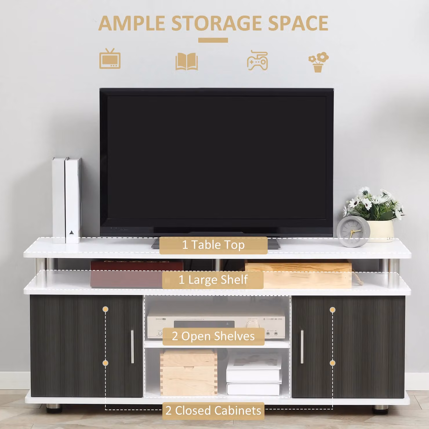 HOMCOM Modern White Matt TV Cabinet Stand and Media Console Storage Unit – 4