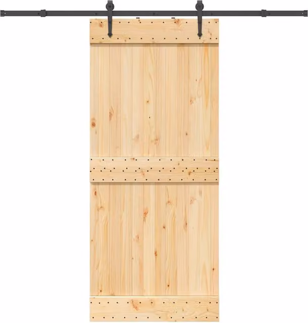 Berkfield Home Rustic Solid Pine Sliding Door with Hardware Set in Brown, W: 90 cm, H: 210 cm