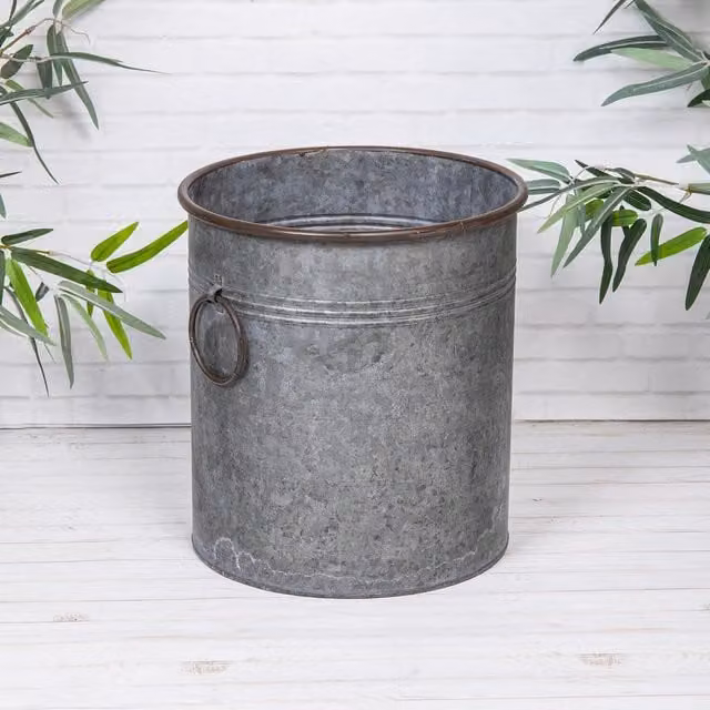 Annibells Grey Metal Galvanised Steel Round Vintage Flower Pot Planter with Handles, Diameter: 27 cm