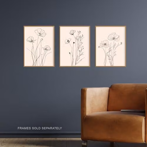 Artery8 Set of 3 Minimalist Line Poppy Flowers Floral Wall Art Paper Prints, W/H: 30.48 x 40.64 cm – 2
