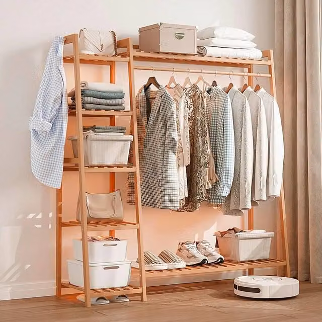 FORGEVIO Minimalist Clothes Rail Rack with Dual Hook and Rail Matrix in Brown Lacquered Wood, H 140 cm x W 130 cm