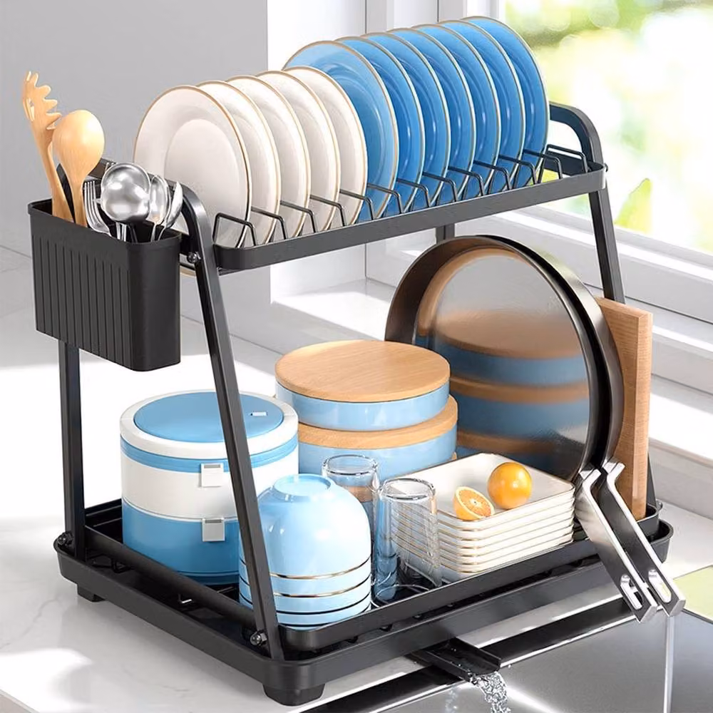 VOGREX 2-Tier Dish Drying Rack with Drip Tray and Cutlery Holder, Black – 3