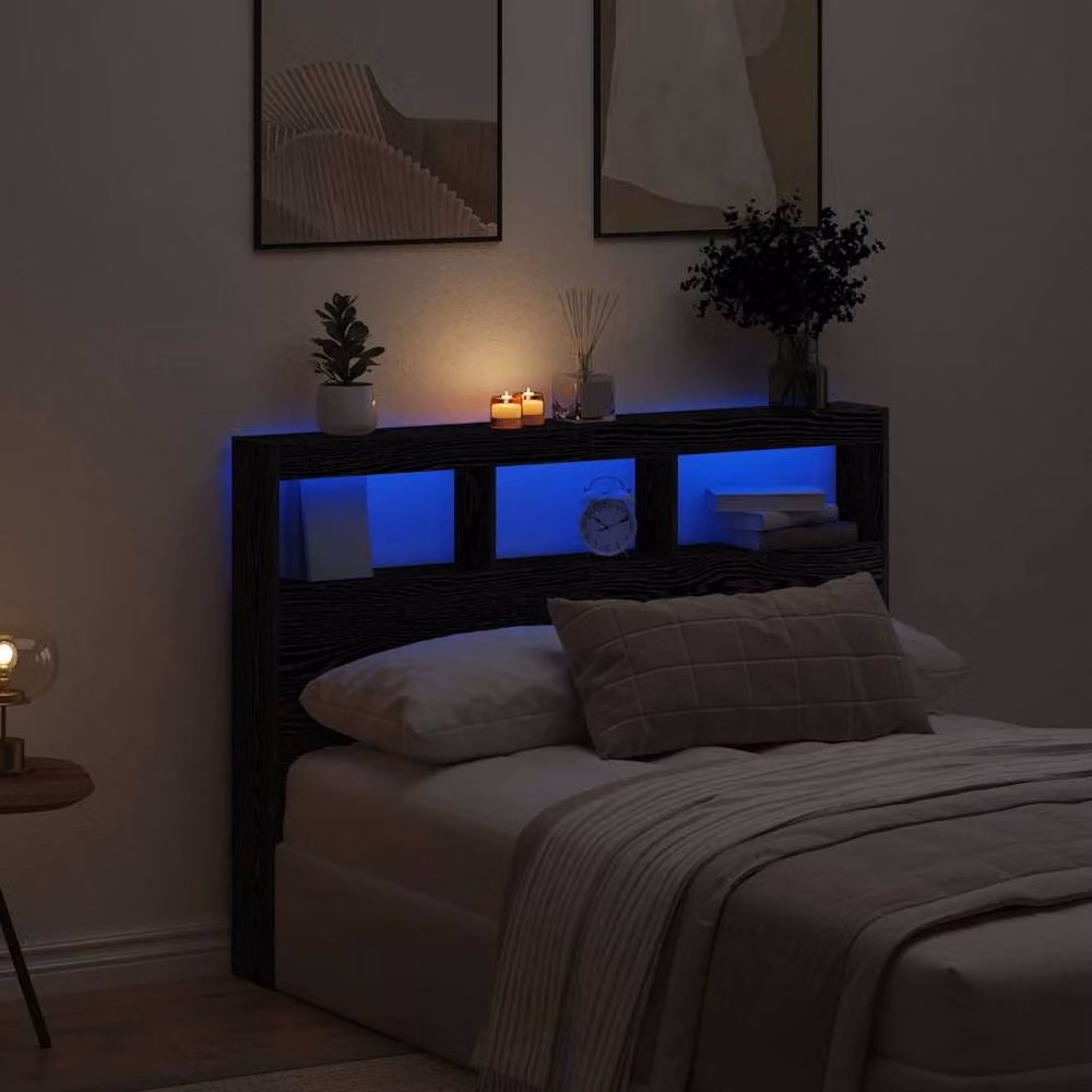 Berkfield Home LED Headboard Cabinet in Black Oak, W/D/H: 140 x 17 x 102 cm – 2