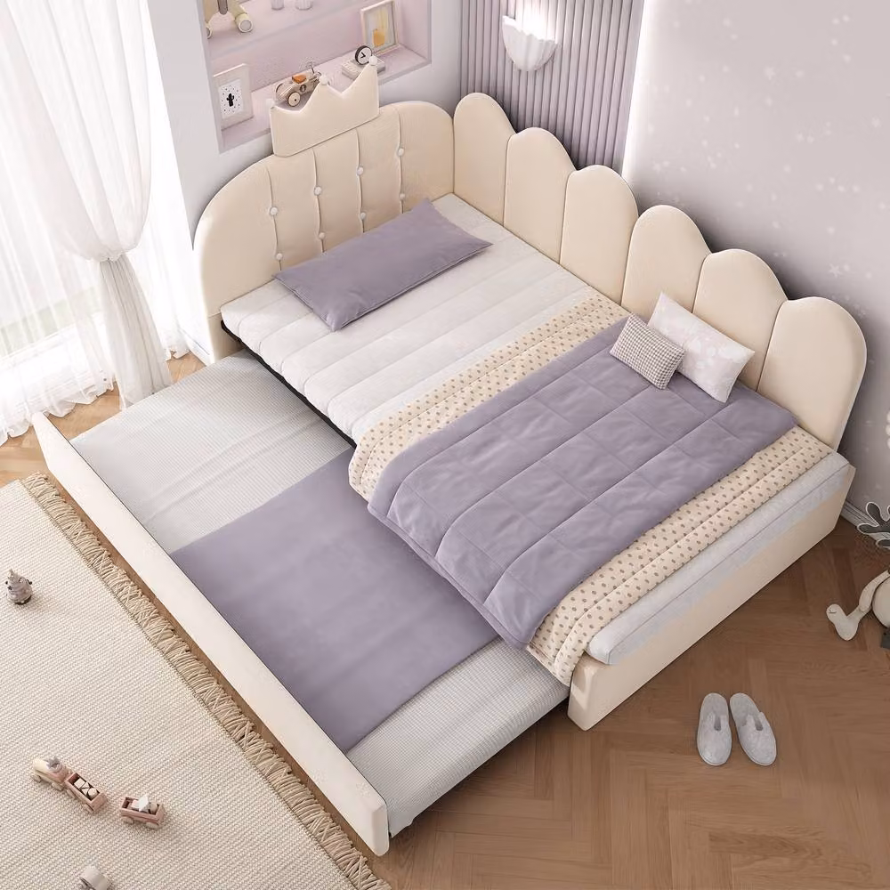 Merax Crown Upholstered Single Daybed with Pull Out Trundle Bed in Beige – 5
