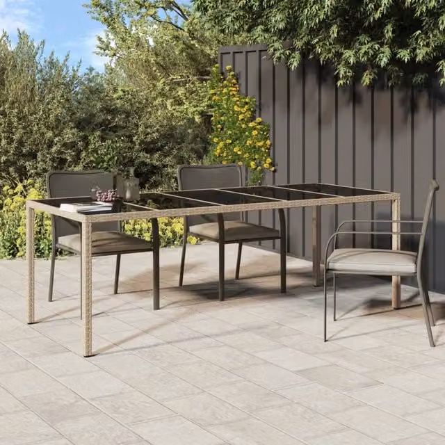 Berkfield Home Garden Table in Beige with Tempered Glass and Poly Rattan, W/D/H: 250 x 100 x 75 cm – 1
