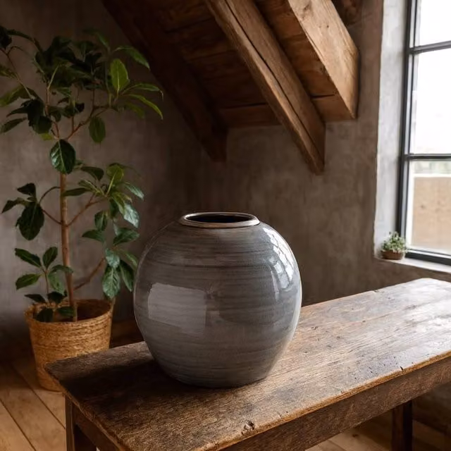 Wyld Haus Bloomwood Grey Glazed Round Ceramic Vase with Crackle Effect