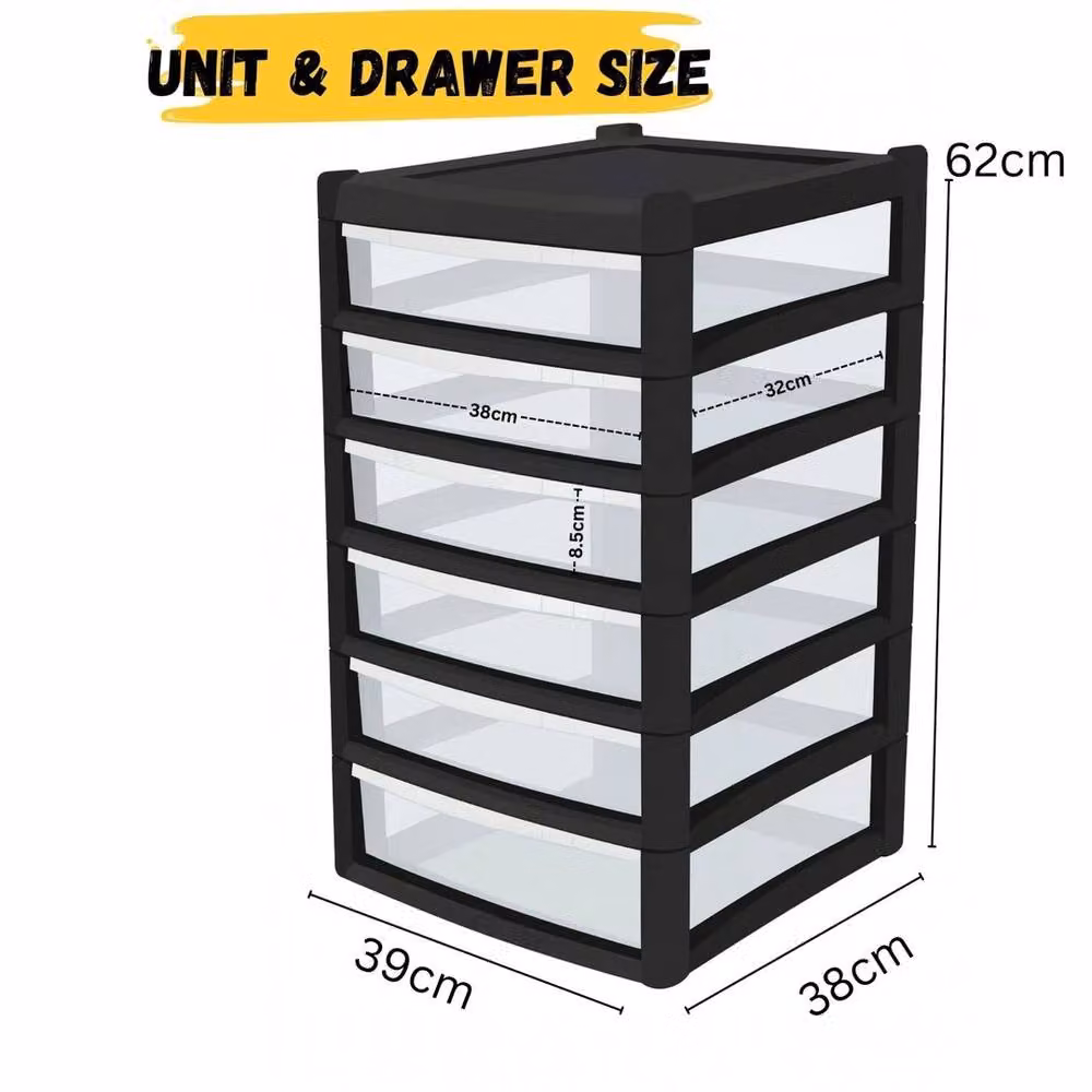 FORGEVIO 6 Tier Shallow Plastic Chest in Black and Transparent, Width: 50 cm – 5