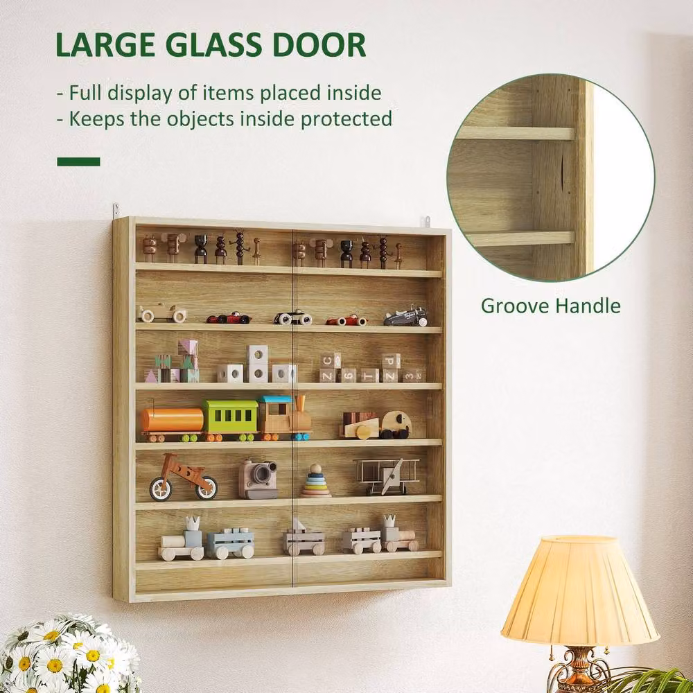 STILVORA Wall Mounted Display Cabinet with Glass Sliding Doors and Internal Shelves in Light Oak and Brown – 5