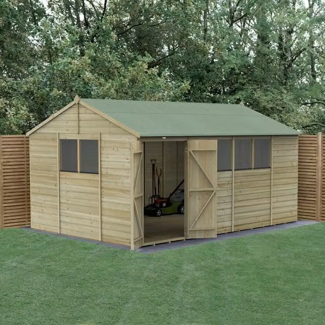 Beckwood Reverse Apex Wood Shed in Brown with Foundation and Floor, W: 457.2 cm, D: 304.8 cm, H: 243.8 cm
