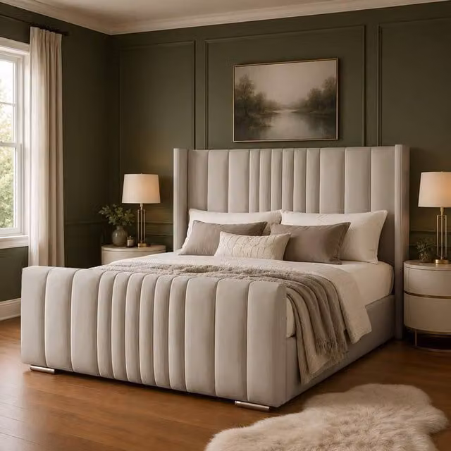 Desire Deco Luxury Austin Wingback Panel Bed Frame in Light Beige, Small Double – 1