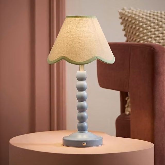ValueLights Bobbin Scallop Trim Rechargeable Portable Table Lamp with Blue and Green Fabric Shade – 1