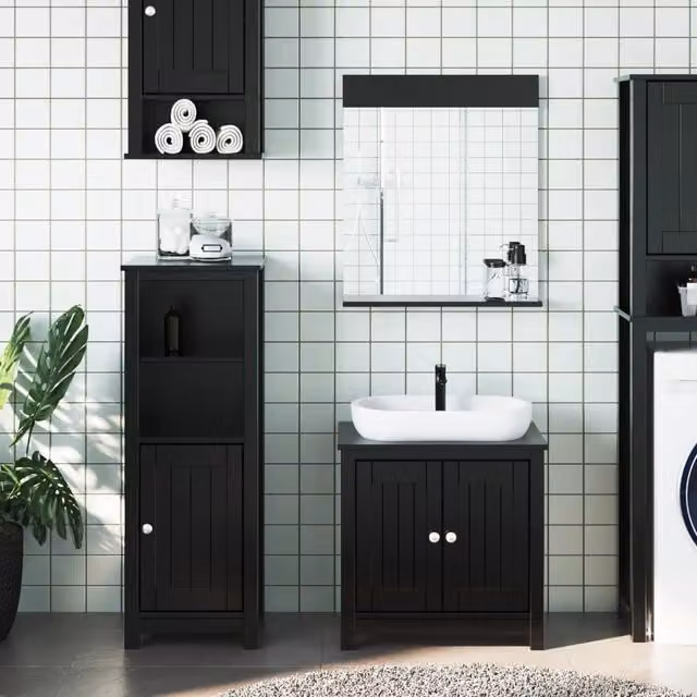 Berkfield Home BERG 3 Piece Black Solid Pine Bathroom Furniture Set with Vanity Unit and Mirror Cabinet – 1