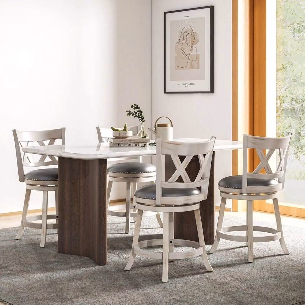 FLAVORA Set of 2 White Upholstered Swivel Bar Stools – 4