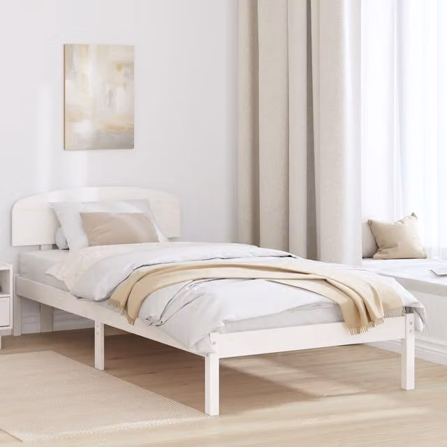 Berkfield Home White Solid Pine Wood Bed Frame with Headboard W/D/H: 90 x 190 cm