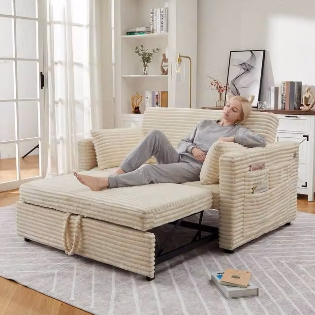 London Boutique 2-Seater Corduroy Pull-Out Sofa Bed with USB Ports in Beige, W/D/H: 140 x 190 cm – 1