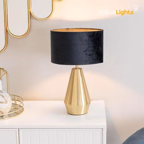 ValueLights Gold Metal Touch Dimmer Table Lamp with Black Fabric Shade – 3