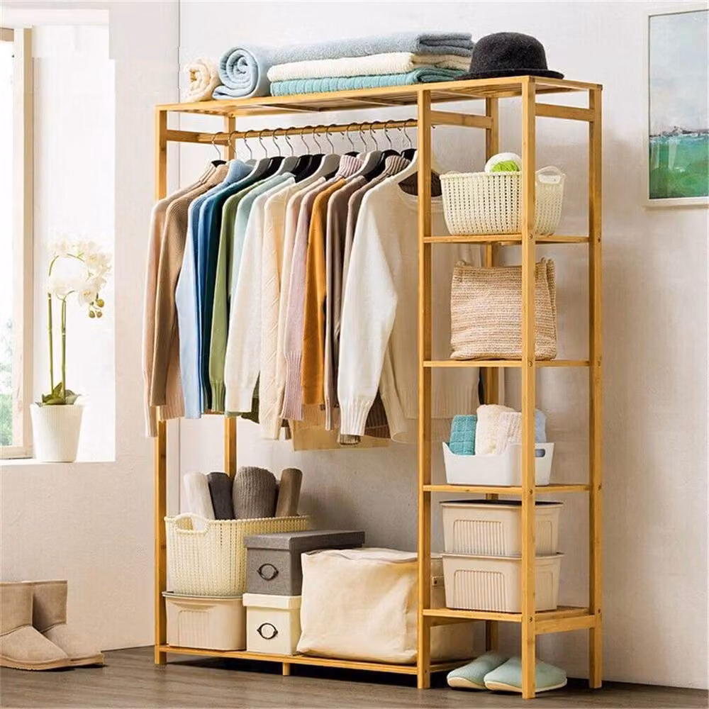 KORVIXA Bamboo Garment Rack with Shelves in Natural Brown – 3