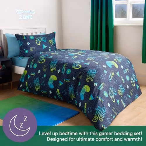 OHS Reversible Gaming Duvet Cover Set with Pillowcase in Green and Blue, Single Size, W/D/H: 135 x 200 cm and 50 x 75 cm – 4