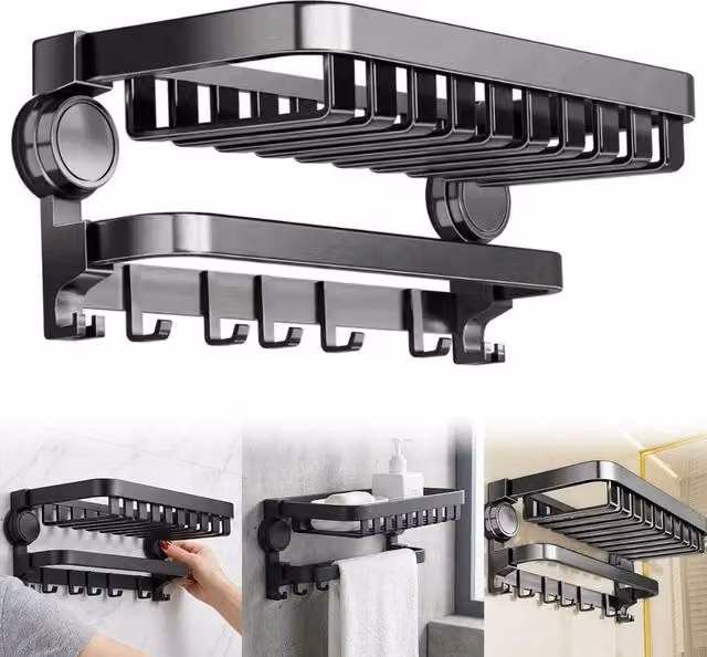 Havendro Black Matt Carbon Steel Foldable Wall Mounted Towel Rack and Storage Shelf, Width: 60 cm – 1