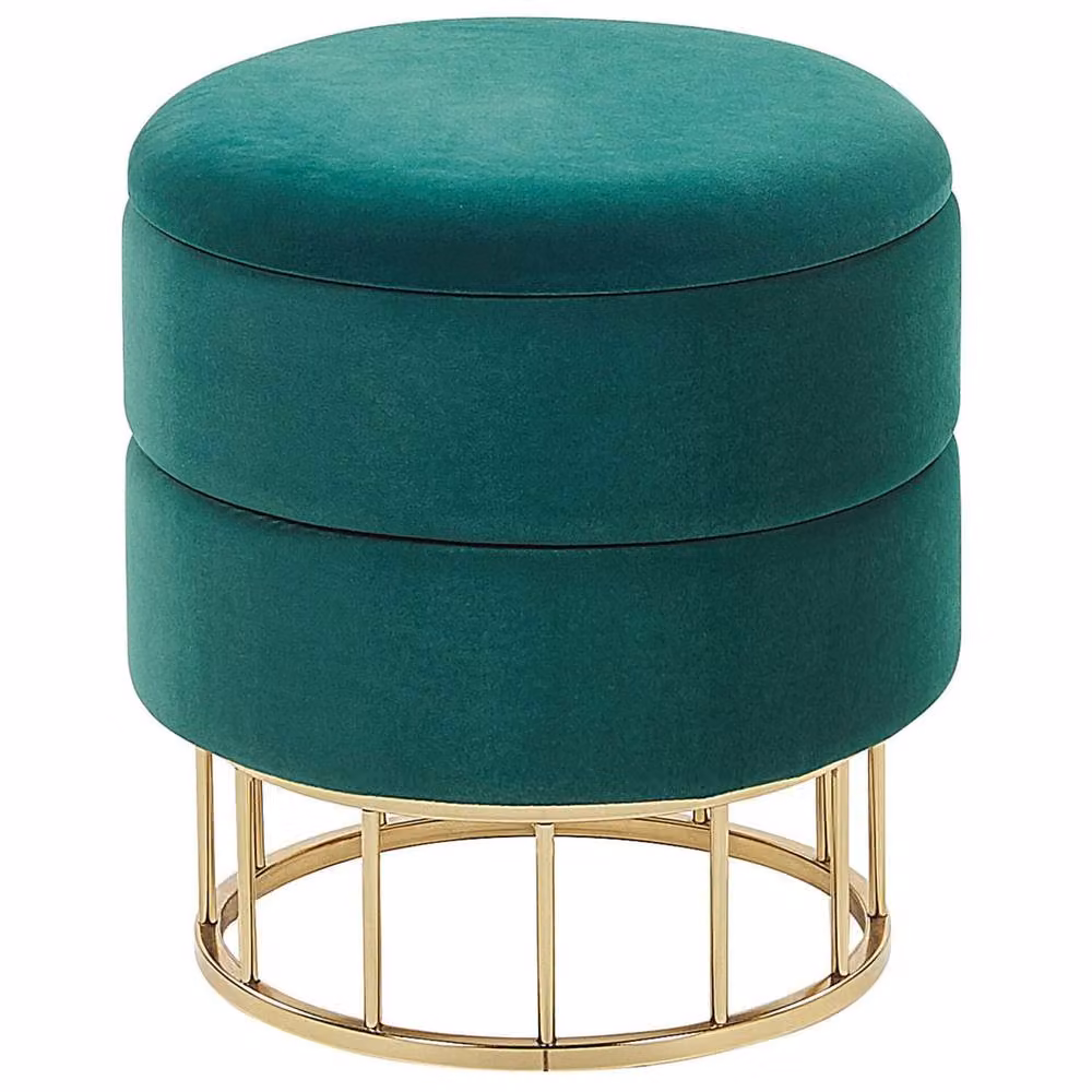Wyld and Coco Dark Green Velvet Cylindrical Storage Pouffe with Gold Metal Base – 2