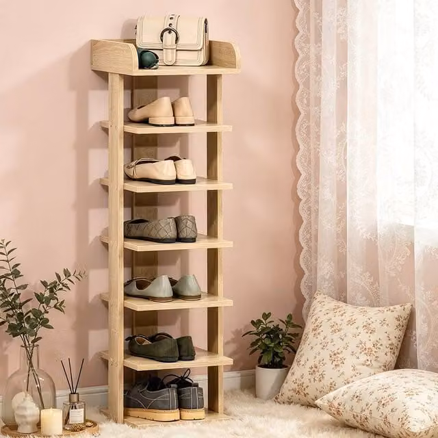 ERGOVEXA 7-Tier Oak Wood Shoe Rack Display Shelf in Brown – 1