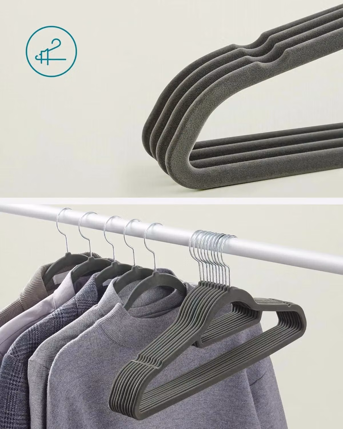 SONGMICS Set of 20 Non-Slip Velvet Flocked Clothes Hangers with Tie Bar in Dark Grey – 3