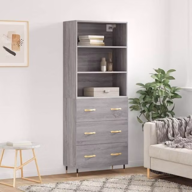 Berkfield Home Modern Grey Sonoma Highboard in Engineered Wood, W/D/H: 69.5 x 34 x 180 cm