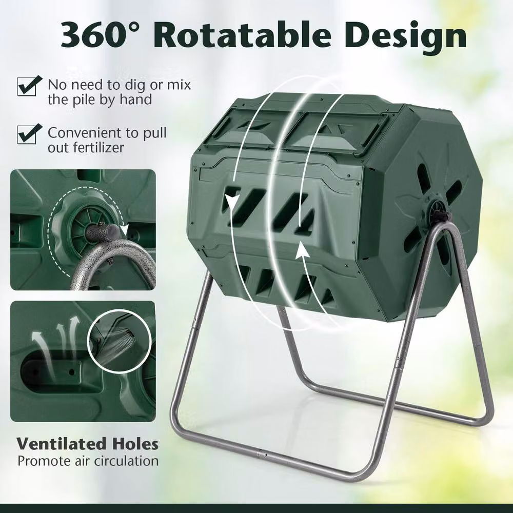 Costway Dual Chamber Composting Tumbler 160L 360 Degree Rotatable Compost Bin in Green and Black – 6