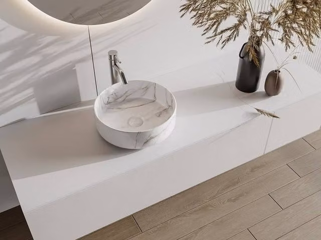Vente-unique Round Ribbed Ceramic Washbasin in White Marble Effect, Diameter: 36 cm – 1