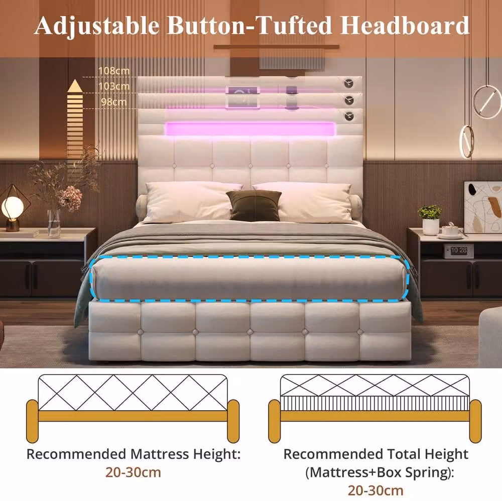 STILVORA Double Ottoman Bed with Storage, LED Lighting and USB Charging Station in Beige Velvet Fabric – 4