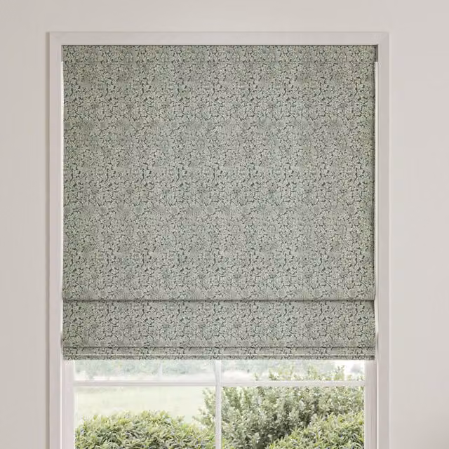 William Morris Bird and Anemone Woven Made to Measure Blackout Roman Blind in Eucalyptus Green and Blue Floral Design